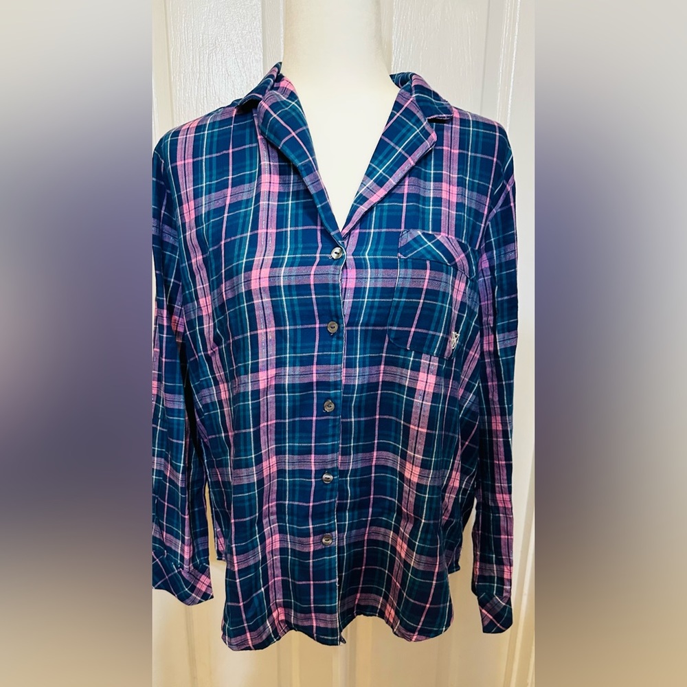 Victoria Secret pajama sleepwear top pink blue long sleeve medium - Picture 2 of 8